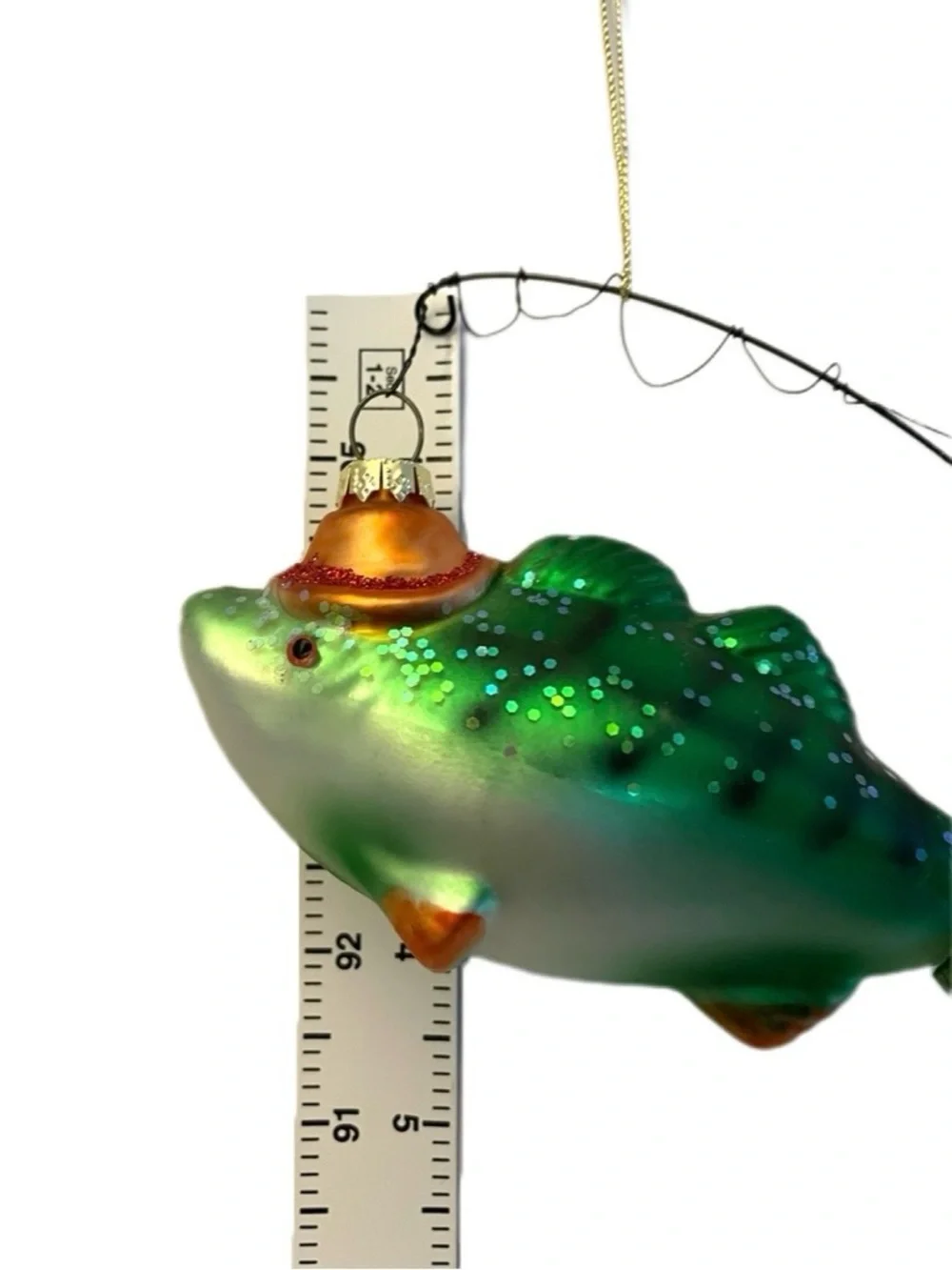 Glass Green Bass Fish Ornament with Fishing Rod